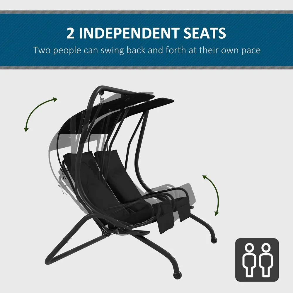 OUTSUNNY Canopy Swing 2 Separate Relax Chairs w/ Handrails, Cup Holders in Black 4