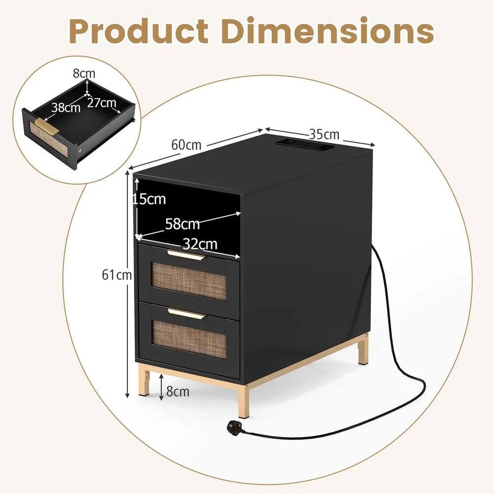Costway Narrow End Table with Charging Station in Black 2