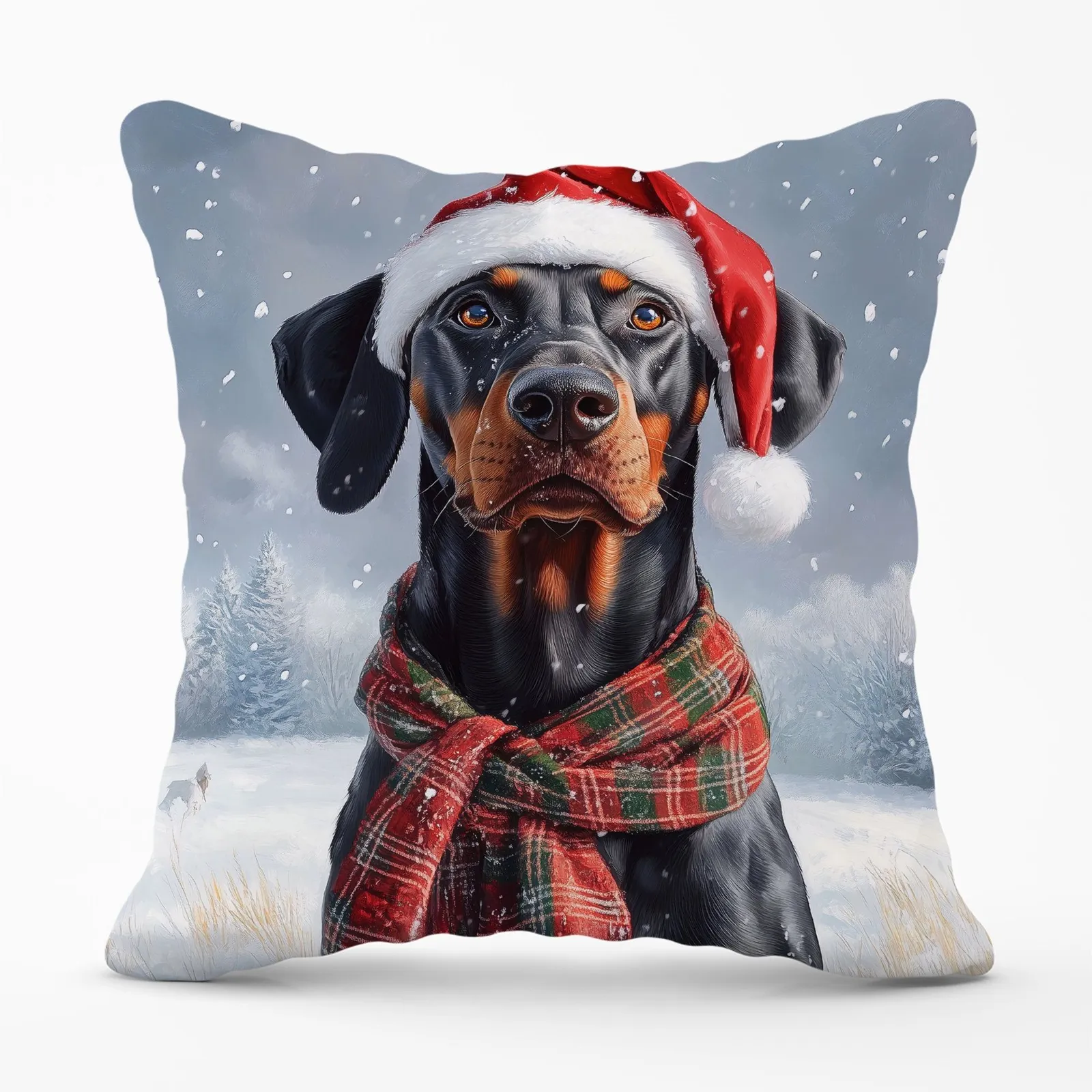 Warren Reed - Designer Snowy Christmas Doberman Cushion in Black