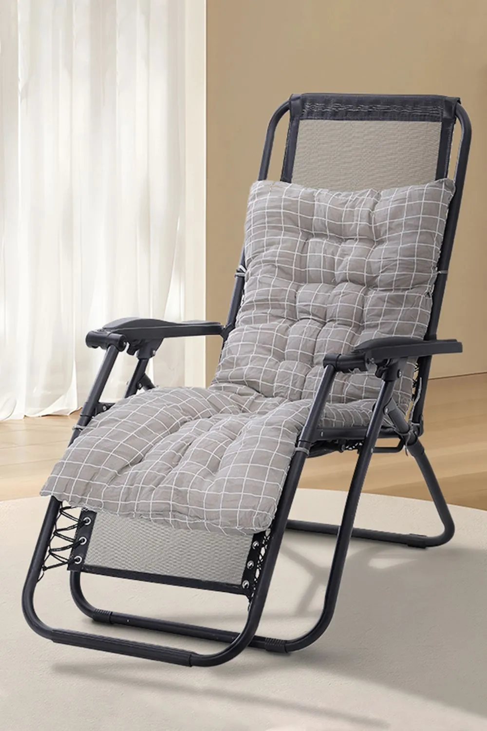 Living and Home 170cm L x 48cm W Plaid Print Beach Chair Seat Cushion Button Tufted Lounge Cushion in Grey