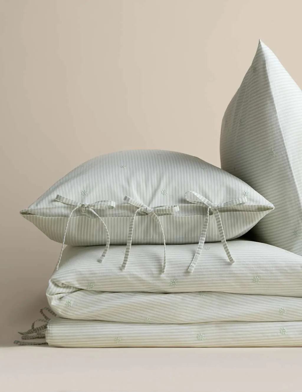 M&S Pure Cotton Striped Embroidered Bedding Set Sage