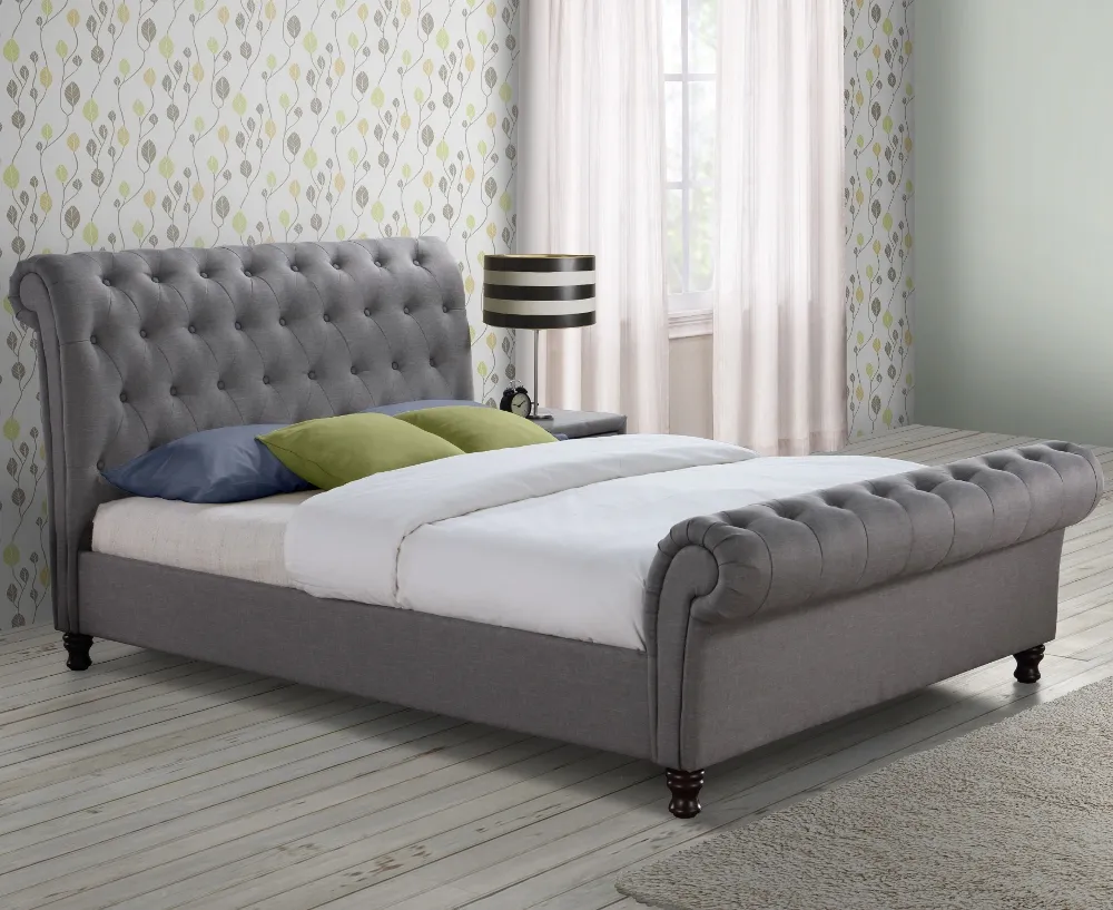 Castello Grey Fabric Scroll Sleigh Bed Frame  - 6ft Super King Size