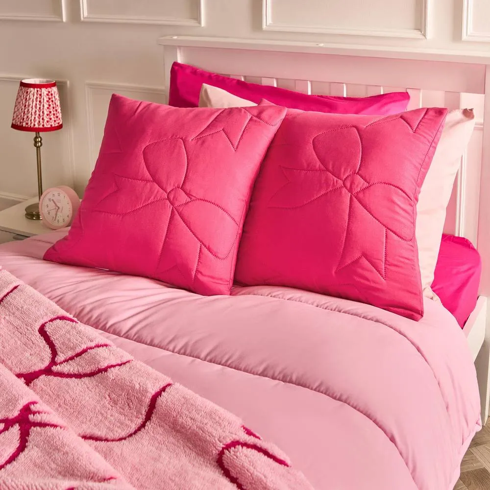 OHS 2 x Bows Quilted Pinsonic Cushion Covers Home Décor in Bright Pink