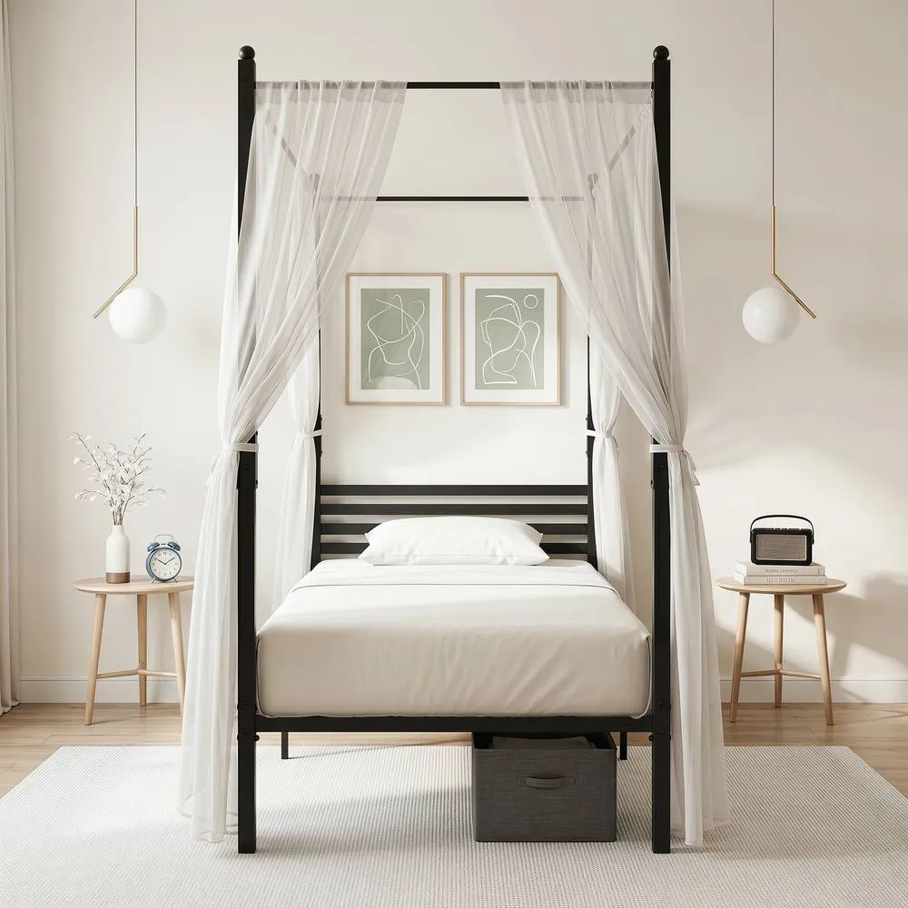 Costway Single Size Canopy Bed Frame 200x140cm Metal Platform Bed w/ Headboard in Black 4