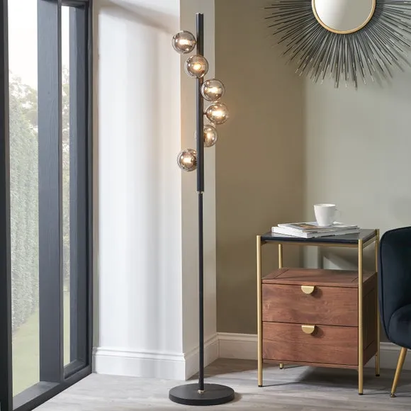 Return - Blair Smoke Glass Ball and Black Metal Floor Lamp
