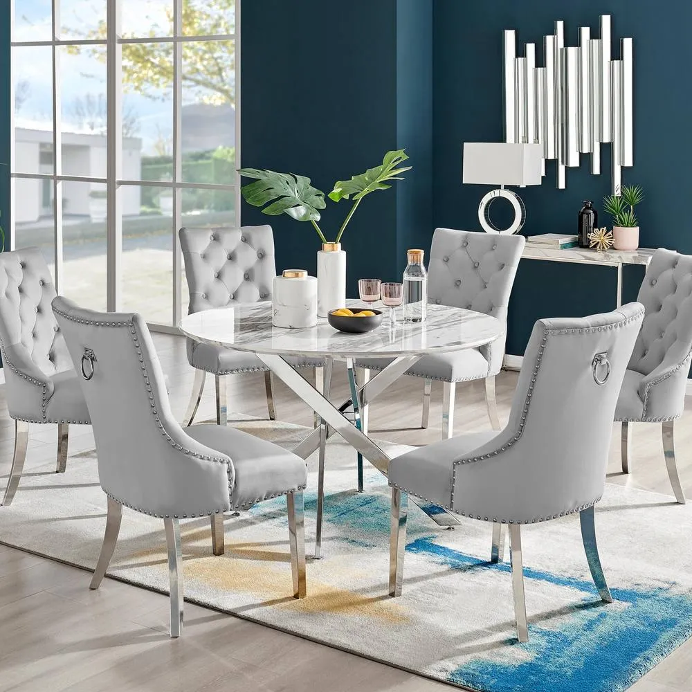FurnitureboxUK Novara White Marble 120cm Round Dining Table & 6 Grey Belgravia Chairs