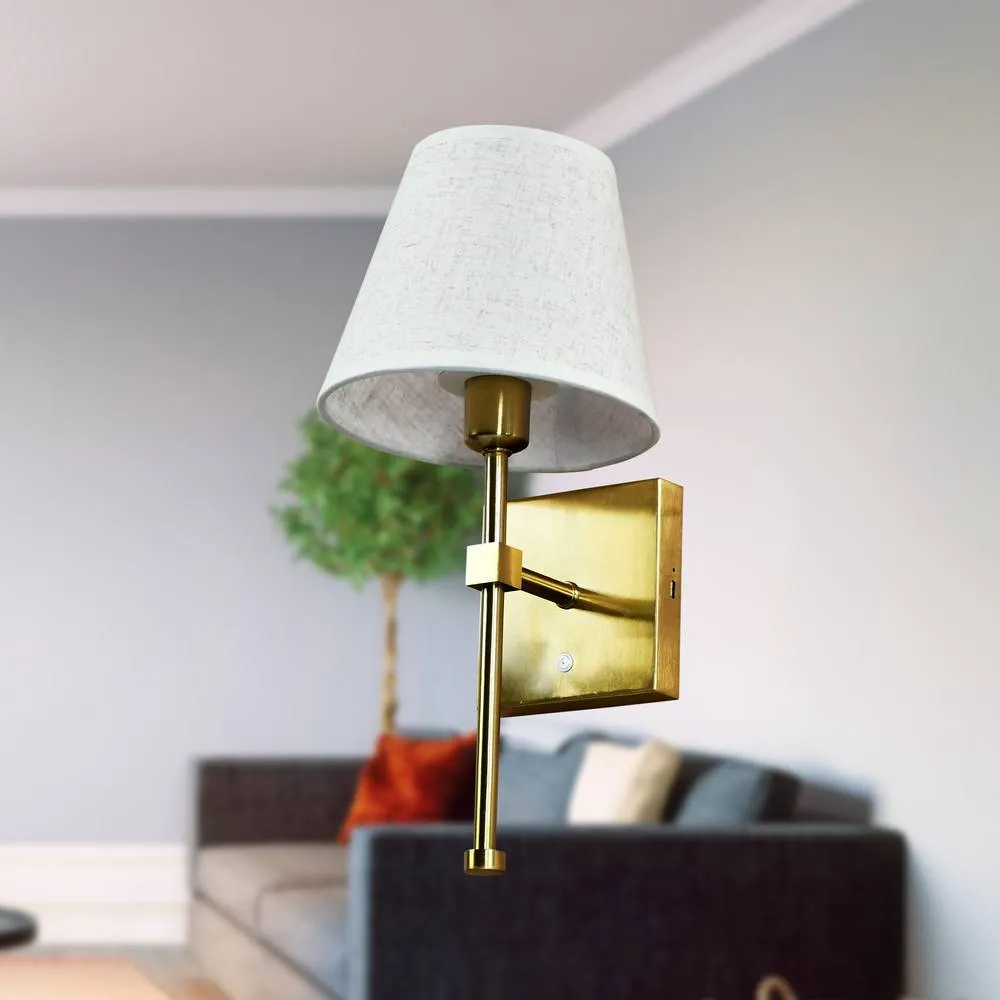 First Choice Lighting Set of 2 Horrace - Brass Rechargeable Wall Lights with Linen Shades in Gold 6