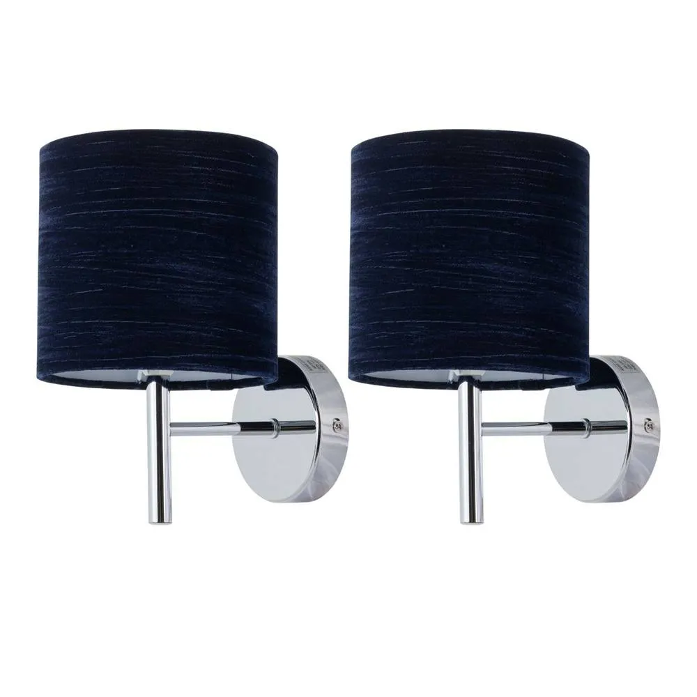 First Choice Lighting Set of 2 Brea - Chrome Wall Lights with Navy Blue Velvet Shades in Silver