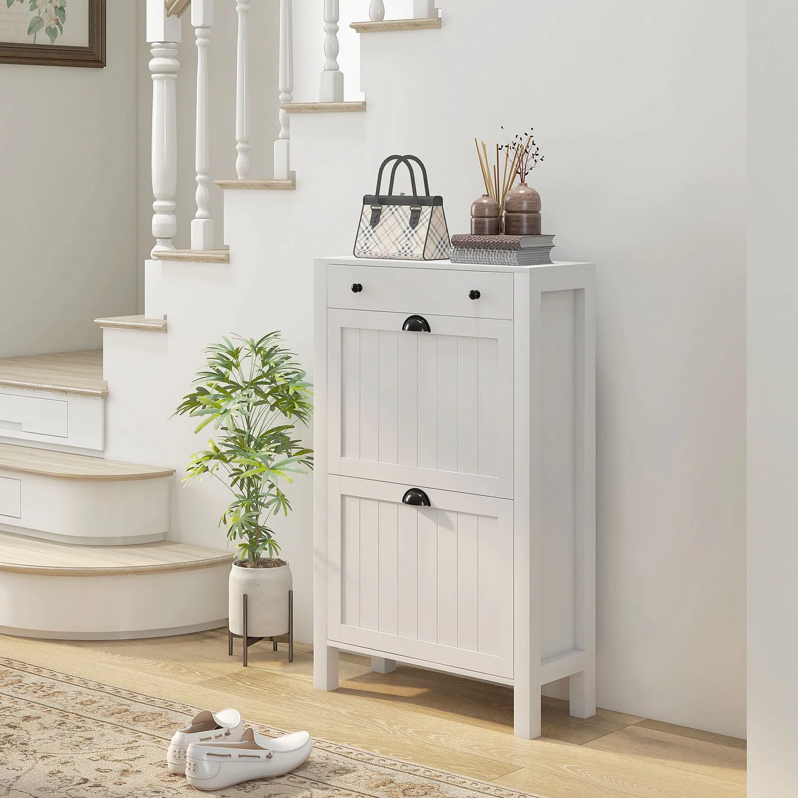 HOMCOM Narrow Shoe Cabinet with 2 Flip Drawers & Top Drawer, White