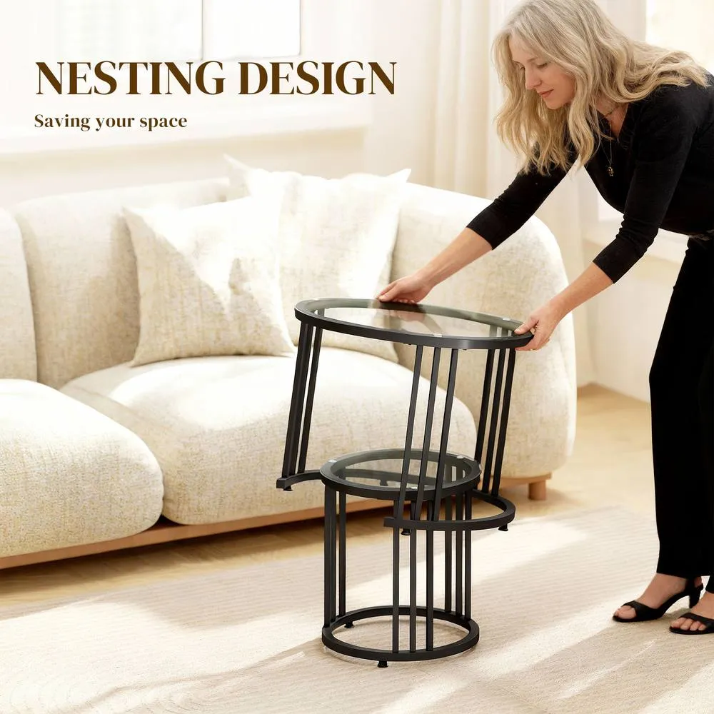 HOMCOM 2 Pieces Round Nesting Coffee Tables with Tempered Glass Top, Black 4