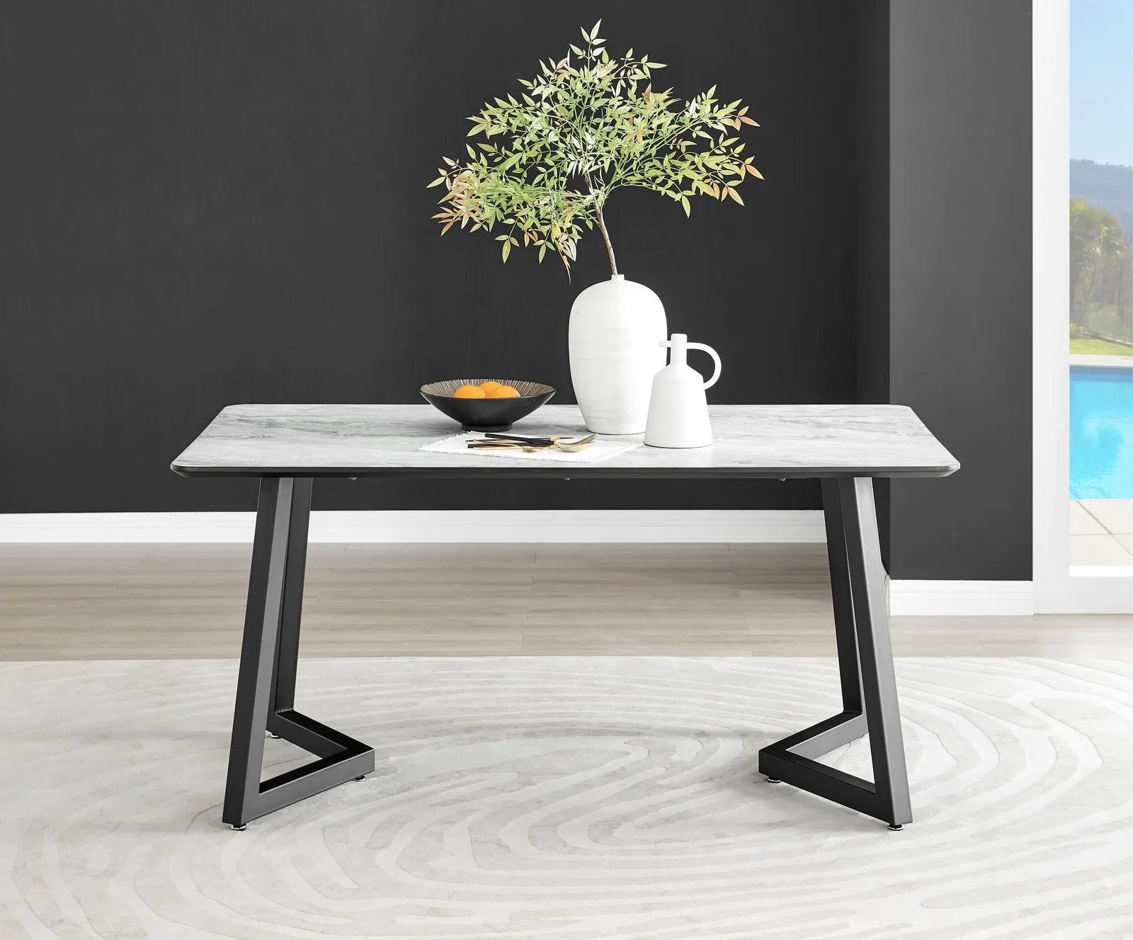 FurnitureboxUK Carson White Marble Effect Dining Table & 6 Falun Black Leg Chairs in Blue 3