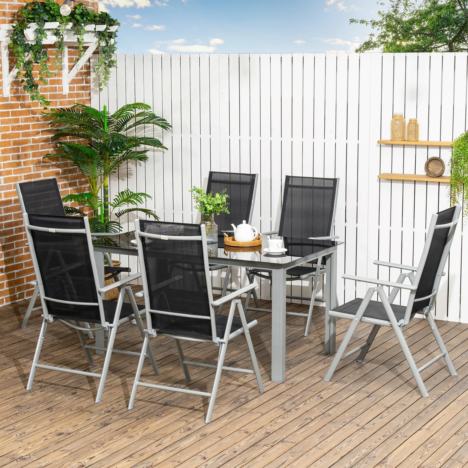 OUTSUNNY 7 Piece Garden Dining Set, Outdoor Table & 6 Chair, Aluminium in Black