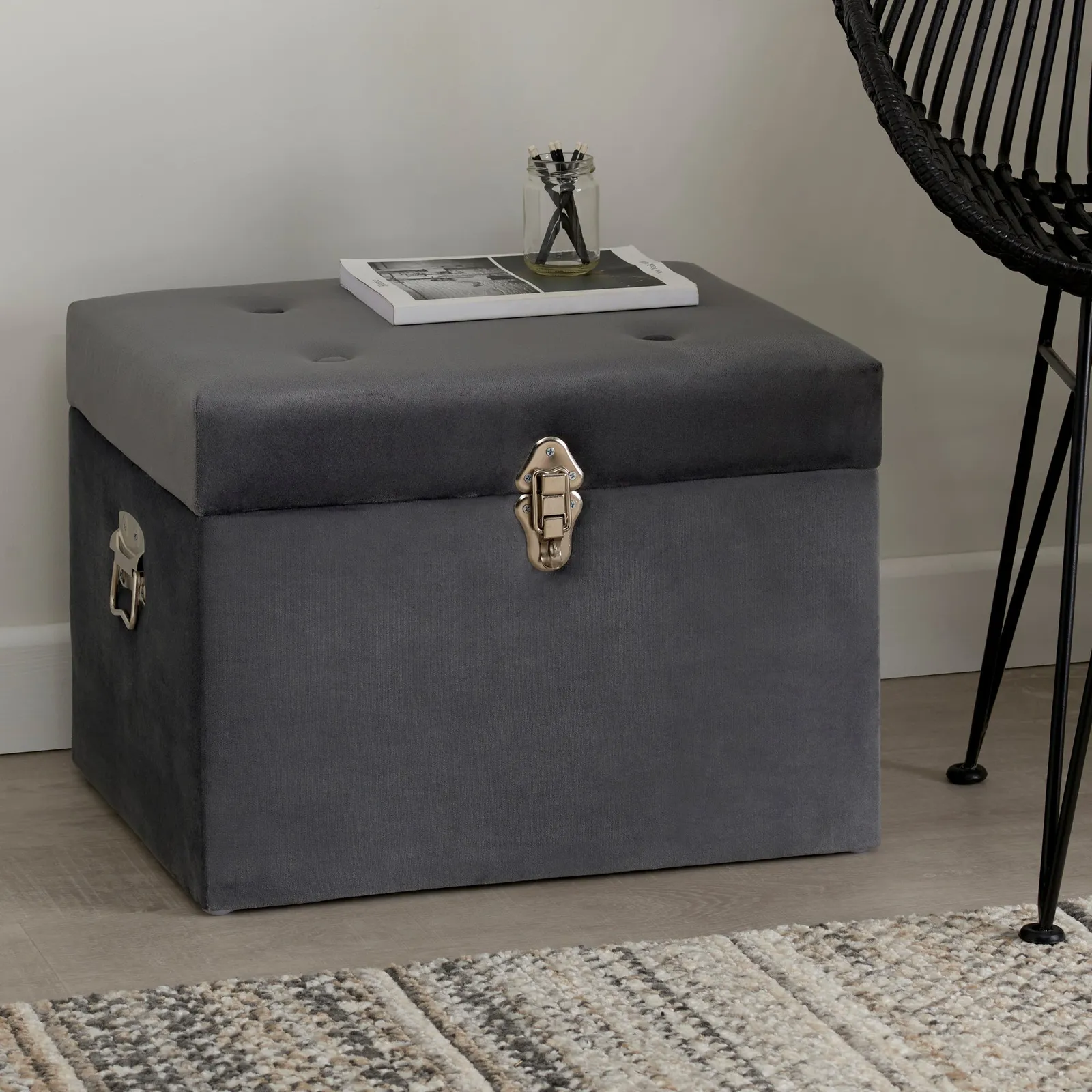 Luxe Grey Velvet Storage Trunk Grey