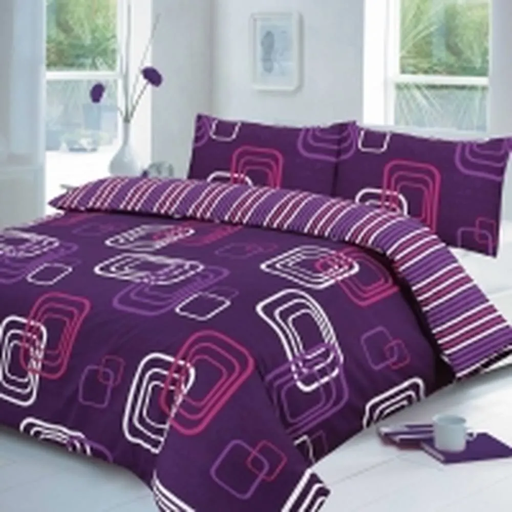 Homes-Linen Blake Geometric Reversible Duvet Cover Bedding Set in Aubergine