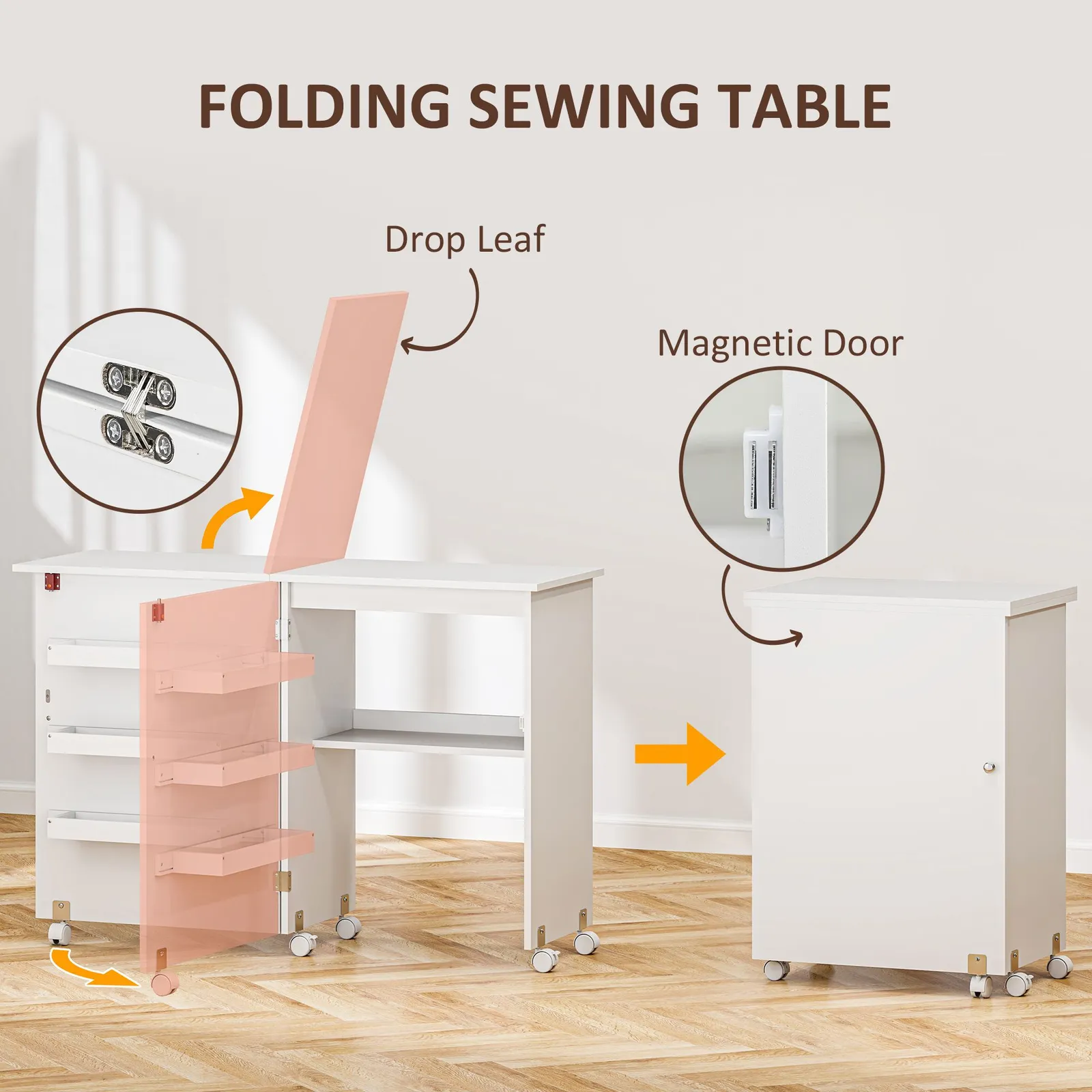 HOMCOM Folding Sewing Table Rolling Craft Table with Drop Leaf Wheels White 4