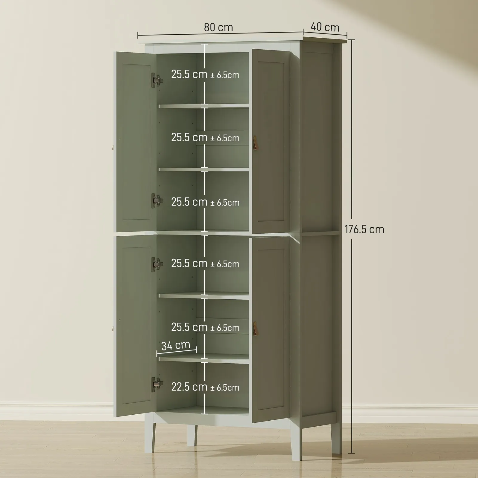 HOMCOM 176.5 cm Tall Freestanding Pantry Storage Cabinet with 4 Doors in Green 3