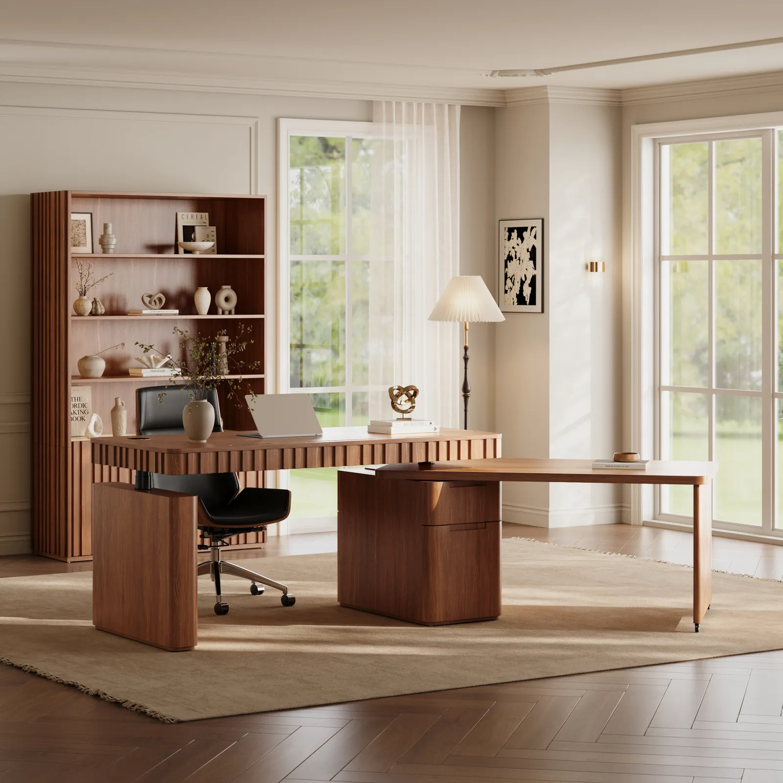 Aura 63" Walnut Fluted 360-Degree Rotating Electric Adjustable Standing Desk