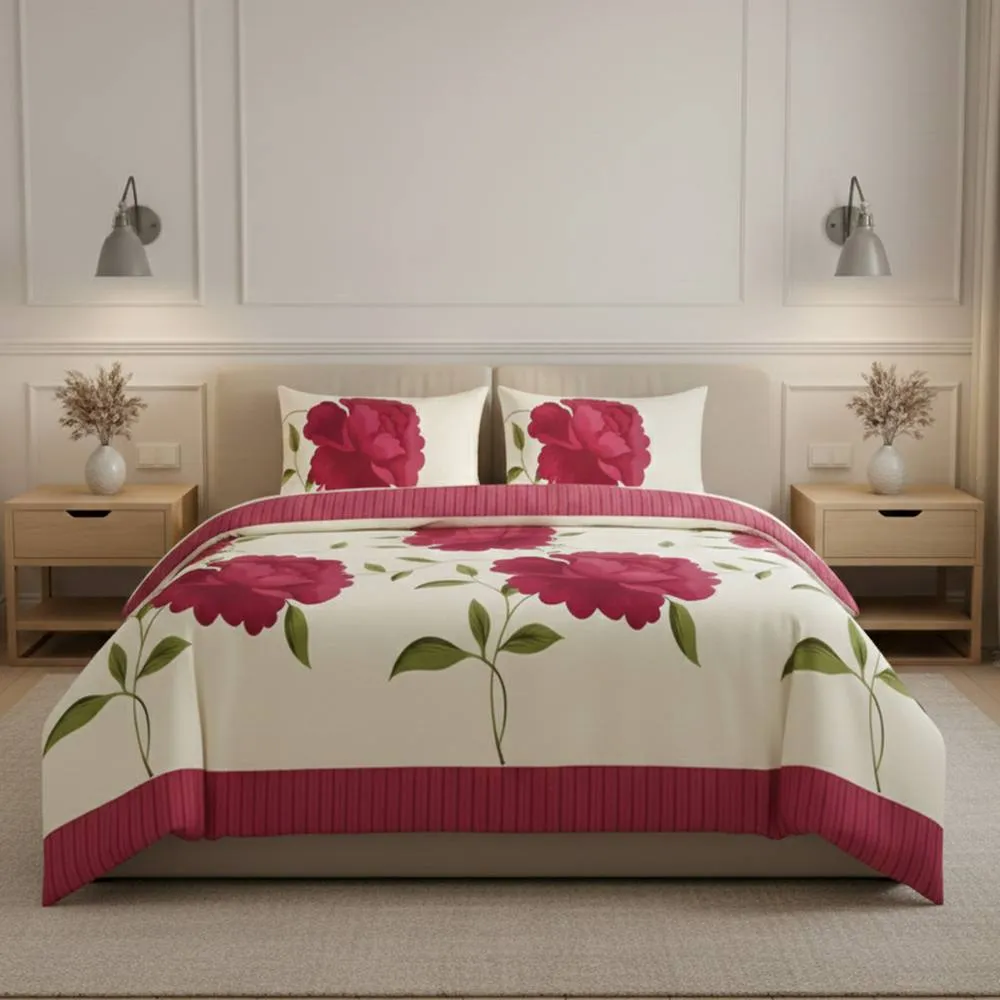Snug City Reversible Floral Duvet Set Elegant Flower Stripe Pattern Bedding in Fuchsia