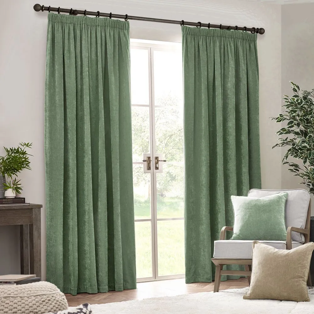 Yard Heavy Chenille Velvet Room Darkening Pencil Pleat Curtain Pair in Green 2