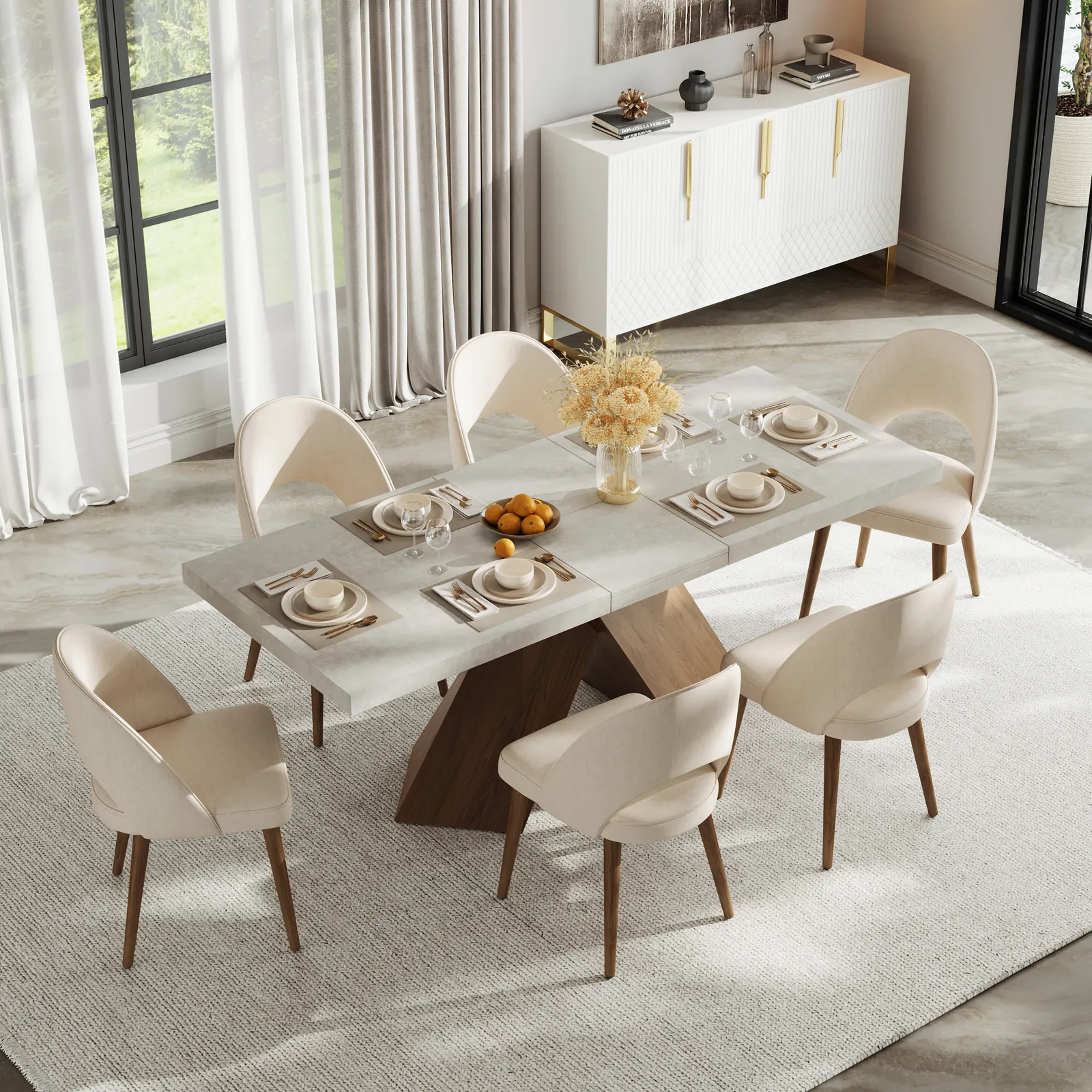 Dining Set 63"-79" Extendable Wood Dining Table with 6 Chairs