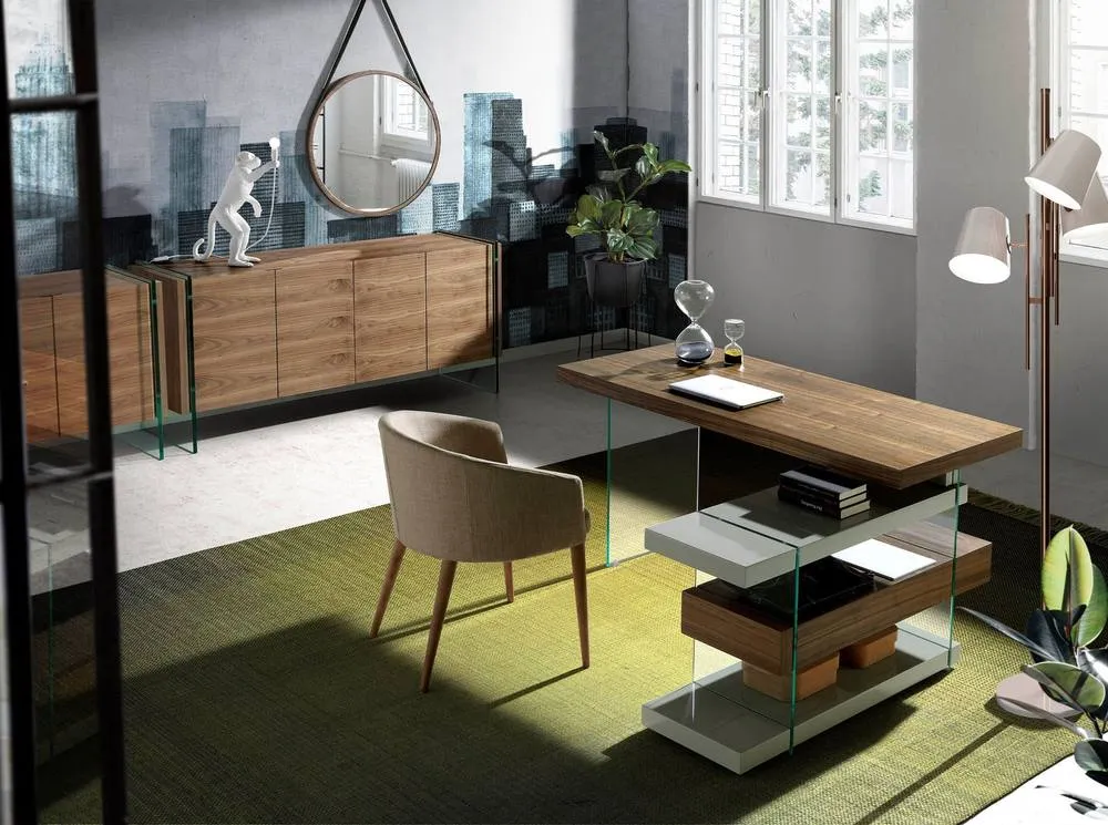 Angel Cerda Walnut-Veneer Writing Desk with Tempered Glass Legs in Brown 4