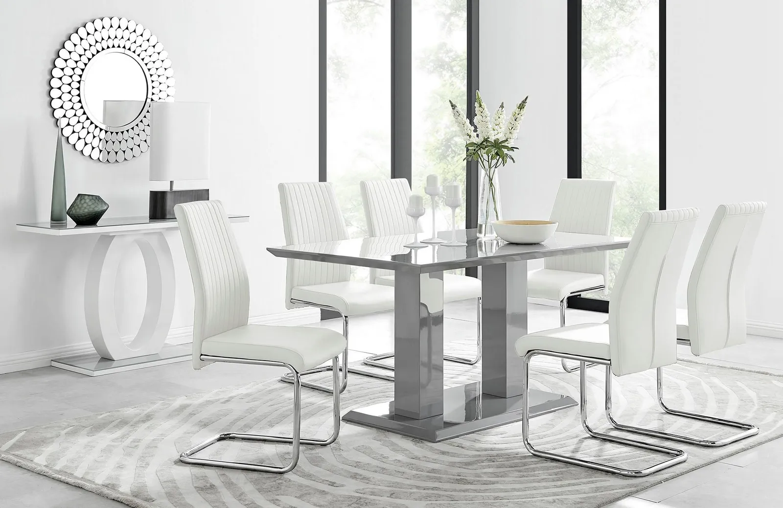 FurnitureboxUK Imperia Grey Modern High Gloss Dining Table & 6 Lorenzo Dining Chairs Set in Off-White 1