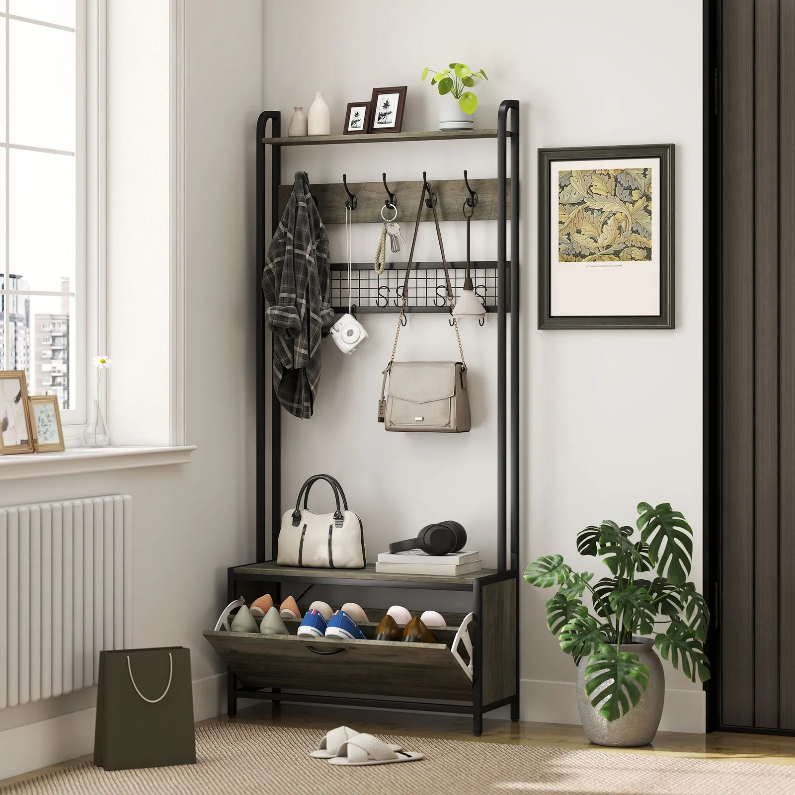 HOMCOM Industrial Hall Tree Coat Rack Stand with Shoe Cabinet in Grey