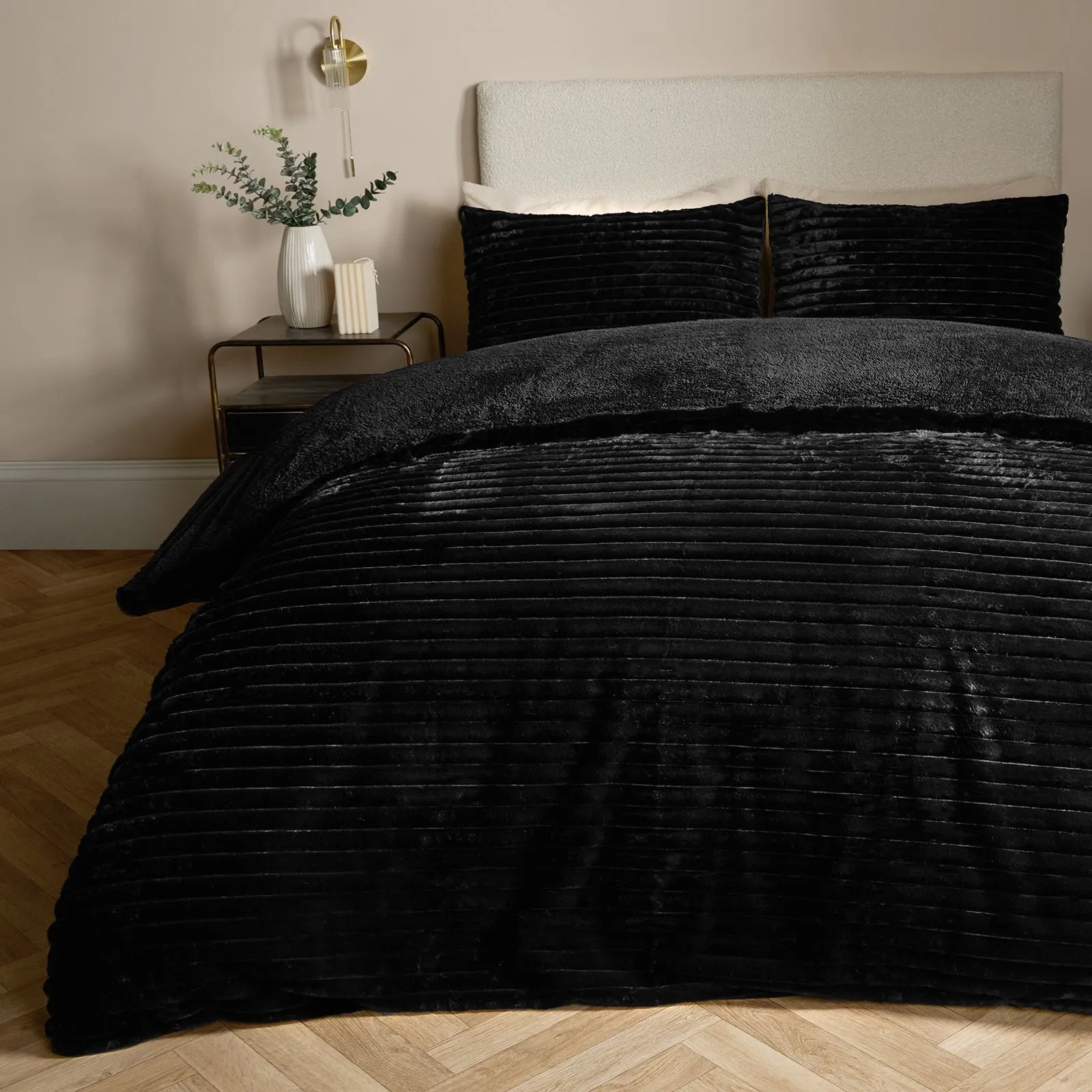 OHS Ribbed Duvet Cover Faux Fur Winter Warm Bedding Set in Black