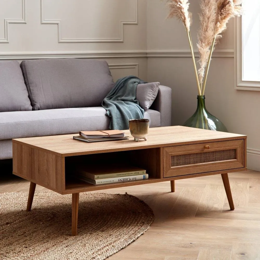 sweeek Coffee Table With Wood & Cane Effect in Light Brown