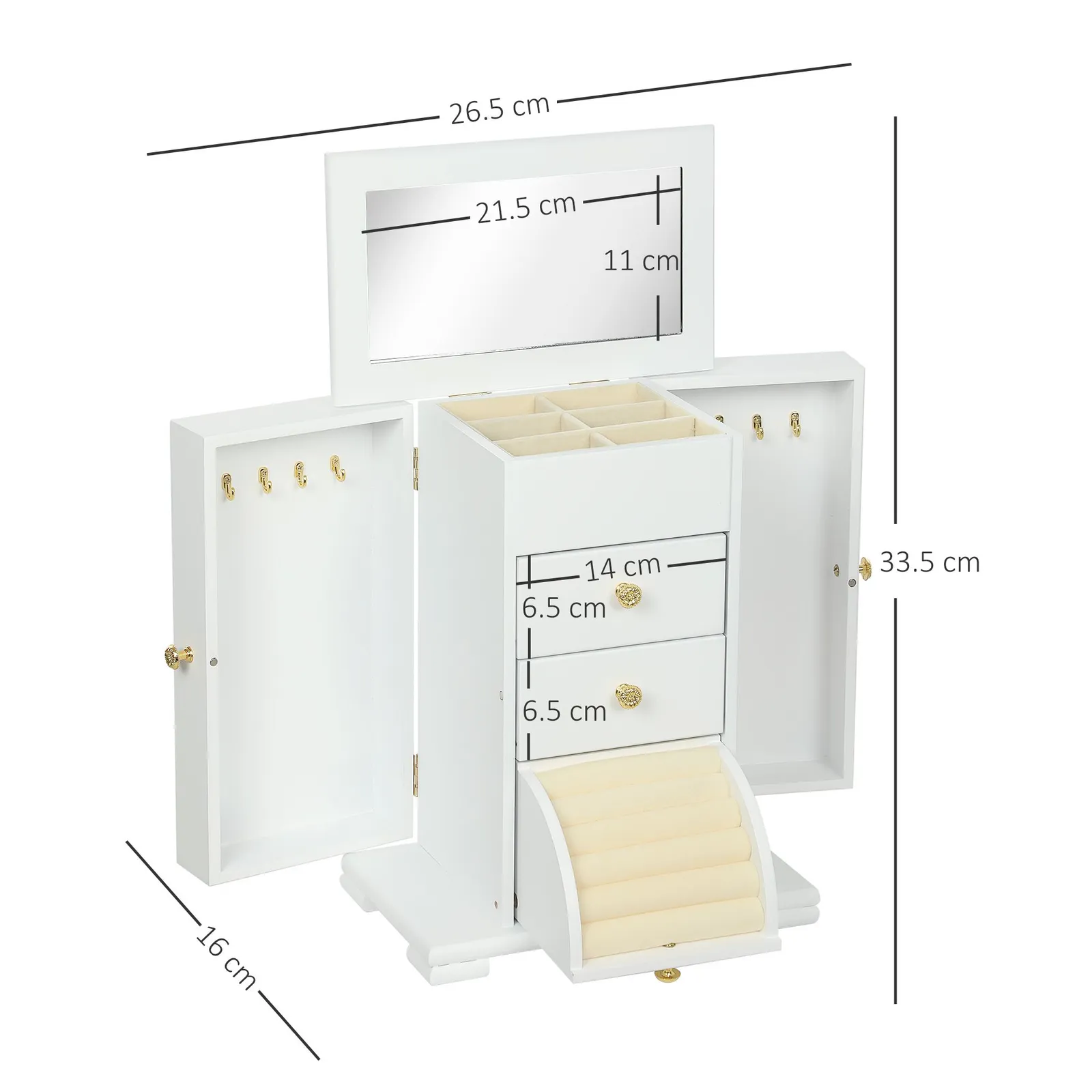 HOMCOM 4-Tier Large Jewellery Box with Mirror & 3 Drawers, White 3