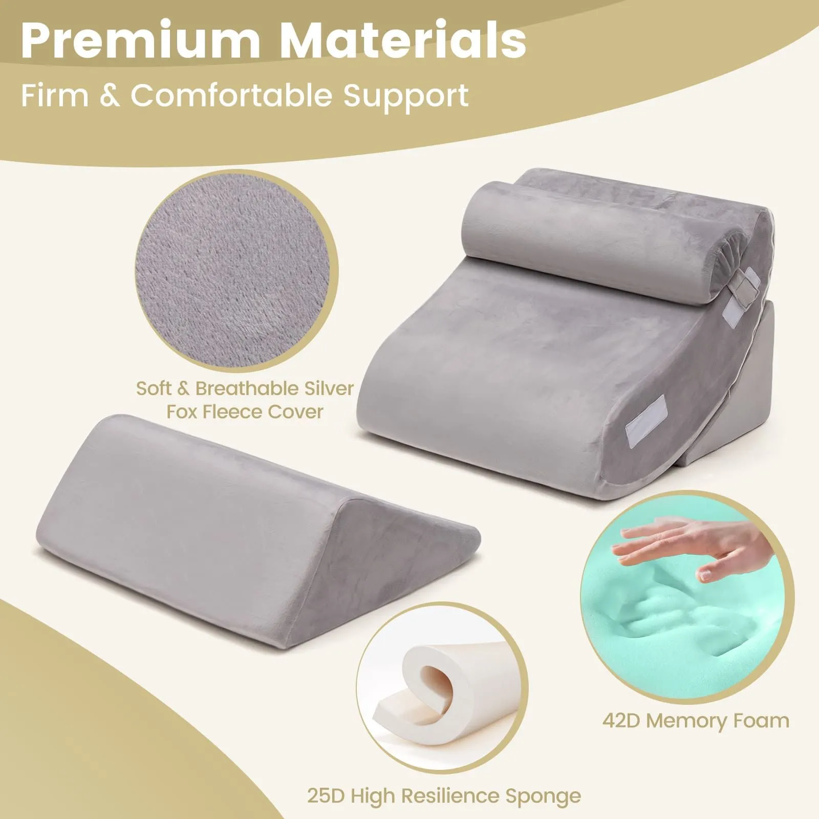 Costway 4pcs Bed Wedge Pillow Set Adjustable Bed Wedge Memory Foam Pillow Washable Cover in Grey 2