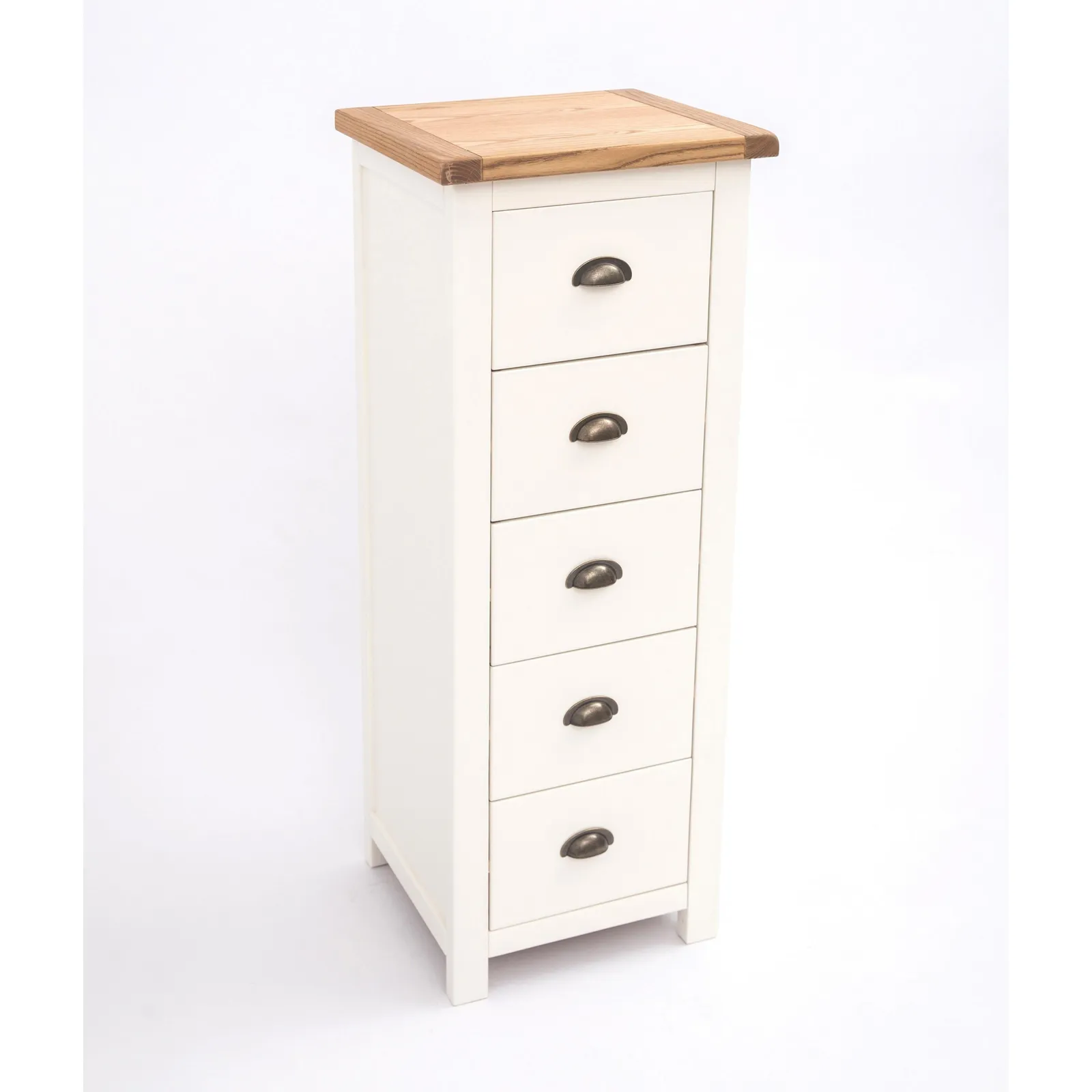 Cabinet Bits Lovere 5 Drawer Narrow Chest of Drawers Brass Cup Handle in Off-White 4