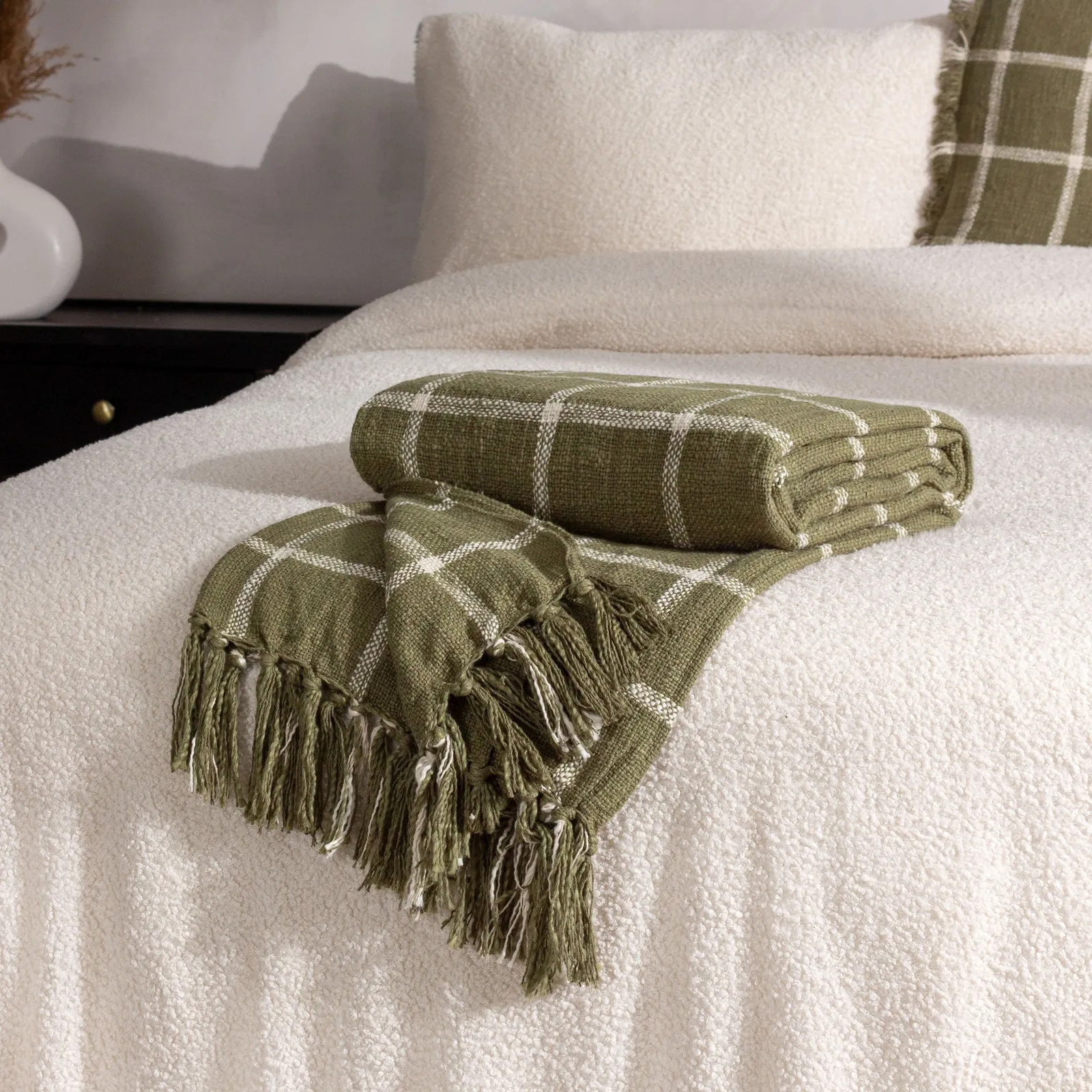 Yard Beni Slub Cotton Check Throw in Dark Green