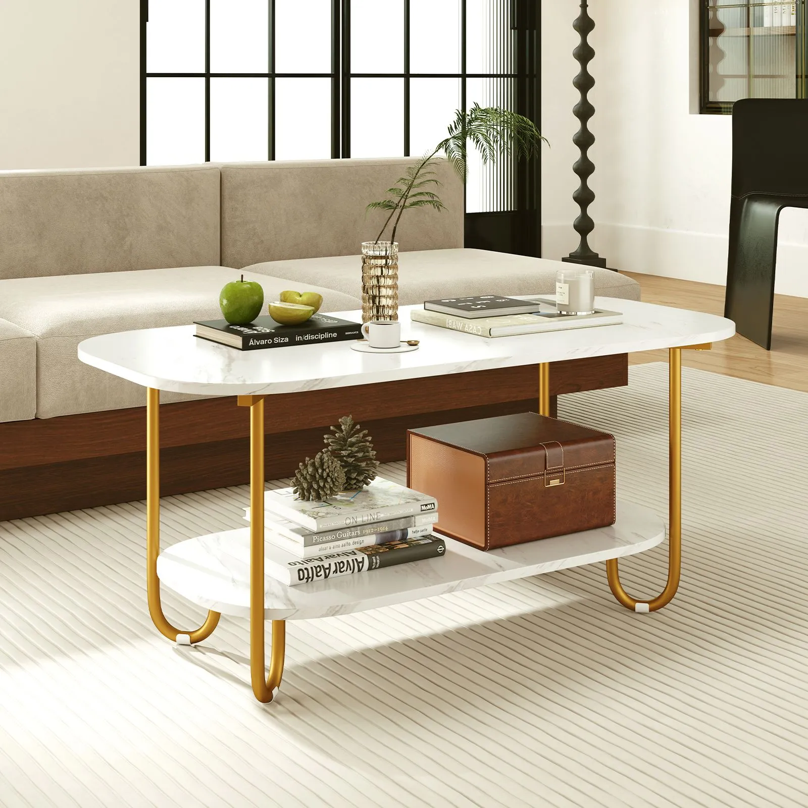 Costway Faux Marble Top Coffee Table Office Modern 2-tier Tea Table-White in White 3