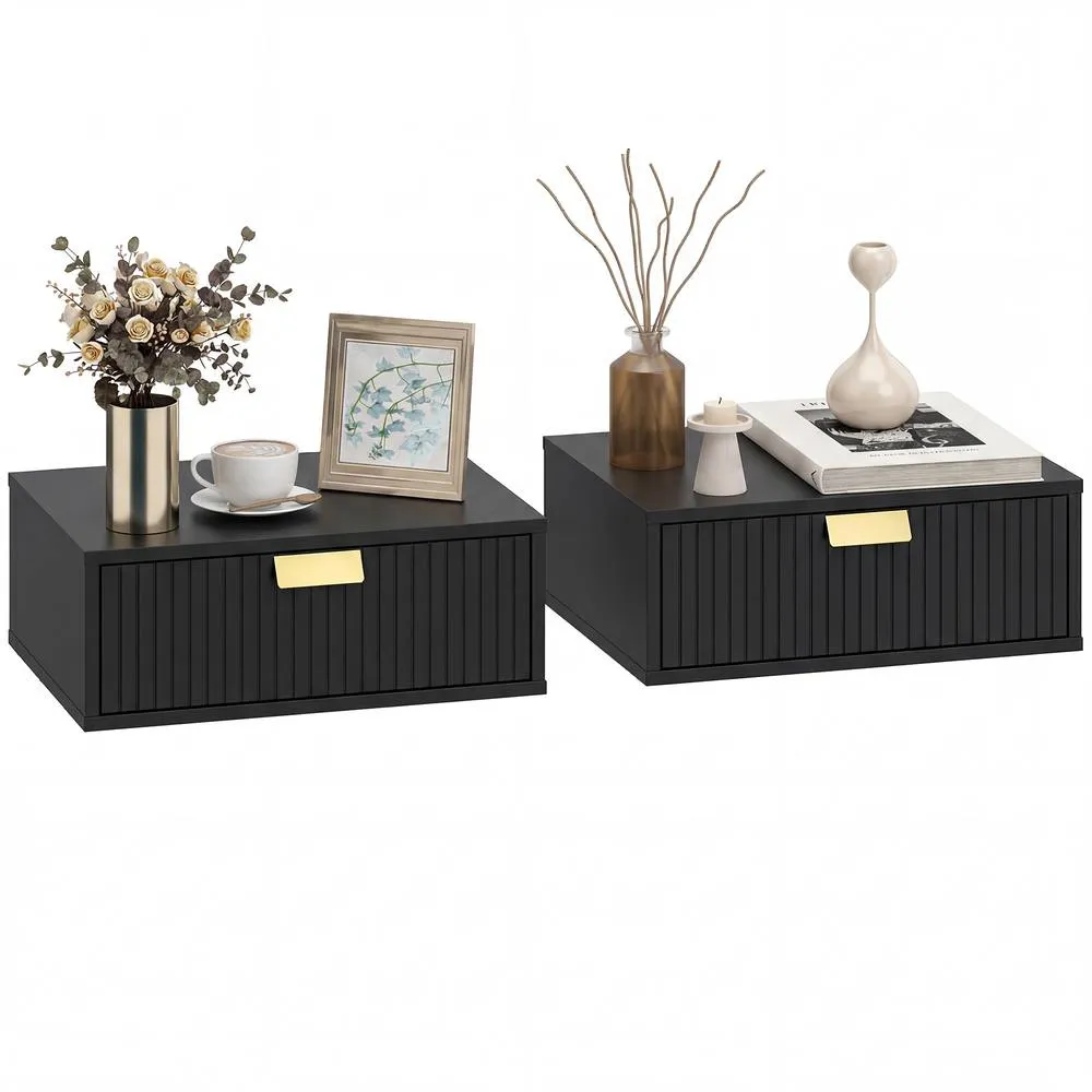 HOMCOM Floating Nightstands Set of 2 Bedside Tables w/ Wave Drawer in Black 2