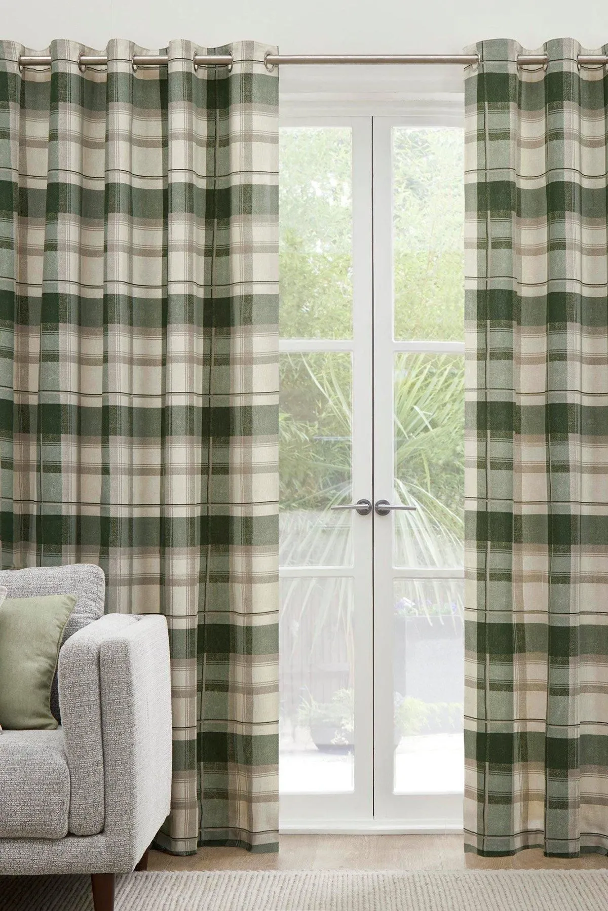 Fusion 'Balmoral Check' Country Checked Pattern Pair of Eyelet Curtains in Bottle Green 1