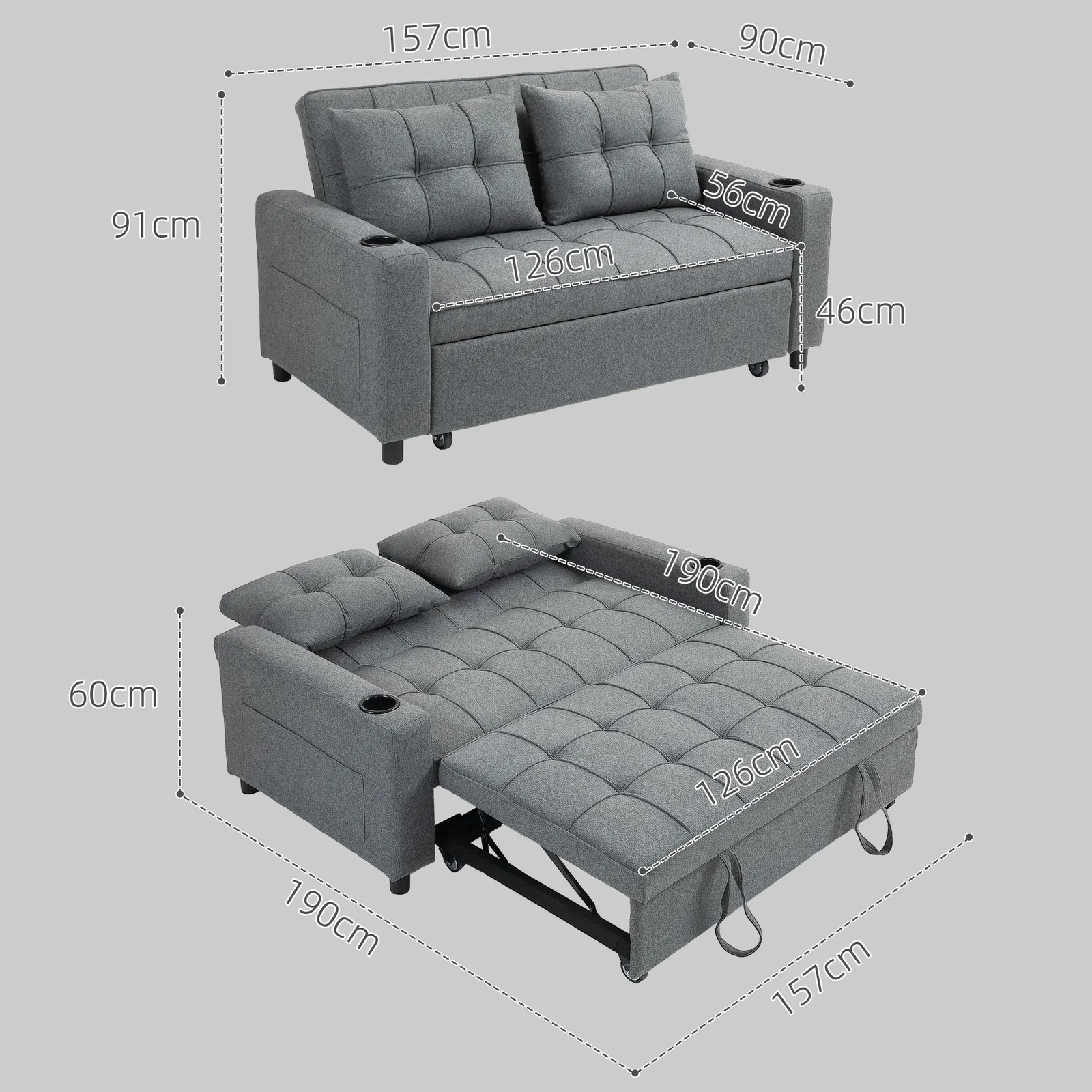 HOMCOM 2 Seater Pull Out Sofa Bed with Pockets for Living Room in Dark Grey 3