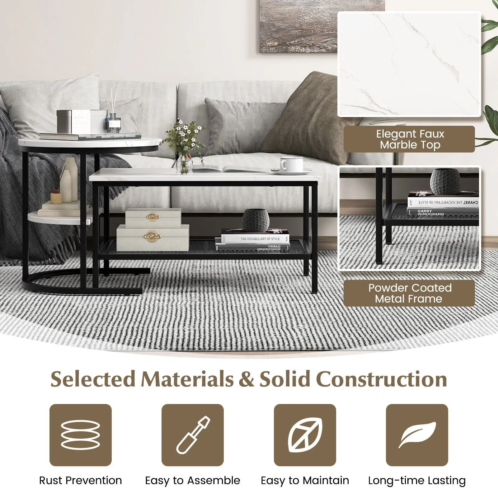 Costway Set of 2 Coffee Nesting Table Set Detachable 2-Tier Sofa Side Table Faux Marble Tabletop in Black 6