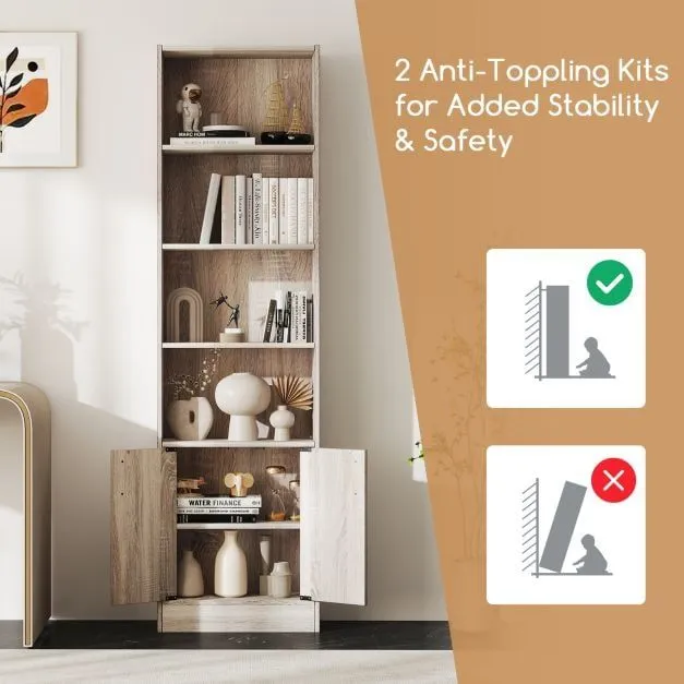 Costway 6-Tier Bookshelf 180cm Tall Bookcase w/4 Open Cubes & Double Doors Grey 6