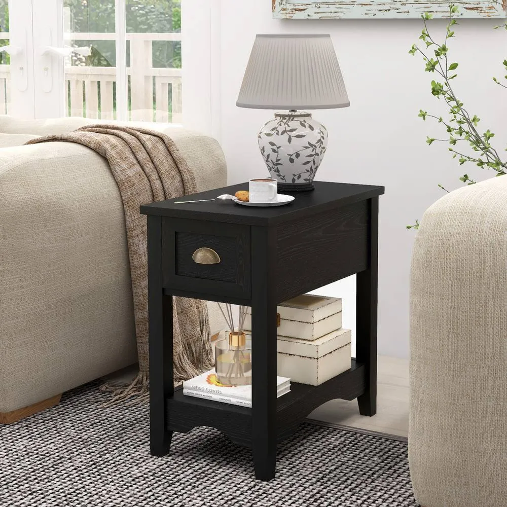 Costway Side End Table Retro Side Table Rectangular Nightstand-Black in Black 5