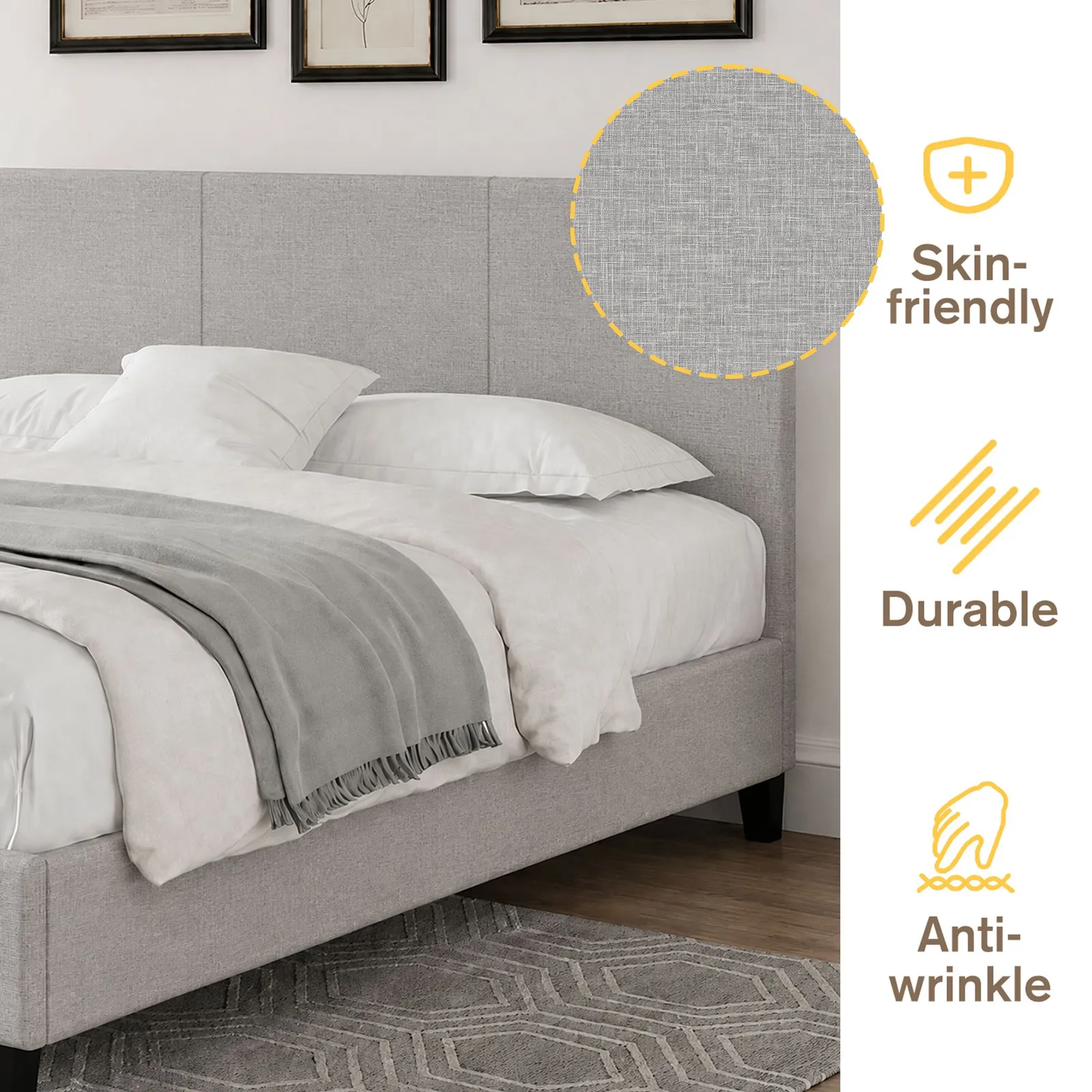 Comfy Living Ltd Modern Hopsack Fabric Upholstered Bedframe in Light Grey 4