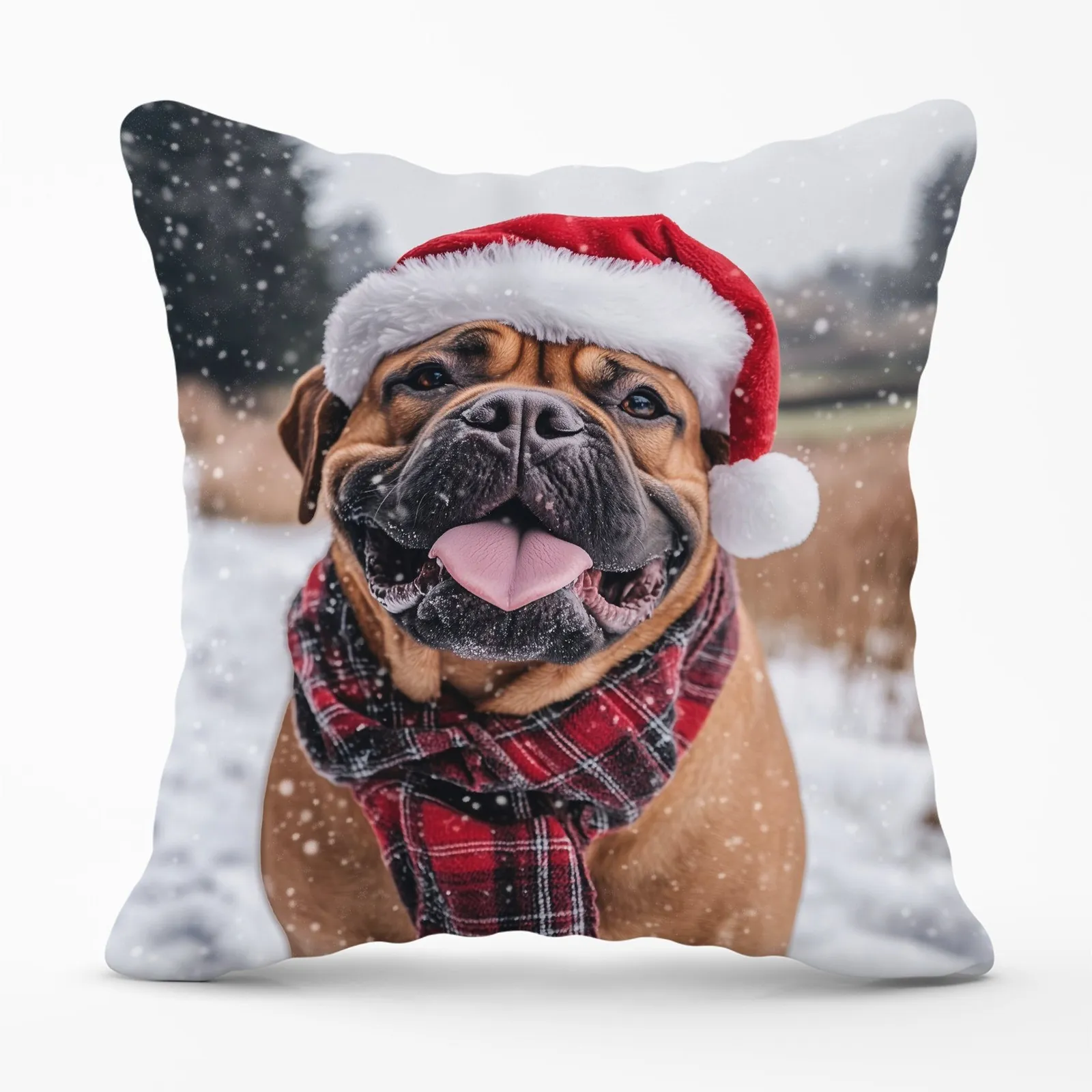 Warren Reed - Designer Snowy Christmas Bullmastiff Cushion in Brown