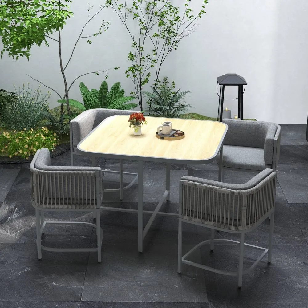 OUTSUNNY 5 PCs Rattan Dining Sets, Cube Garden Furniture with Space-saving Design, Grey