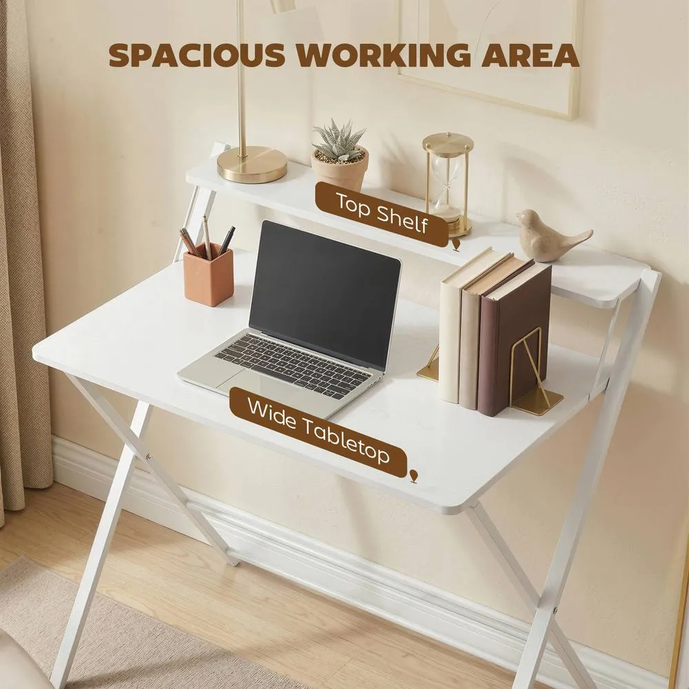 HOMCOM Folding Desk with 2-Tier Shelf for Home Office in White 5