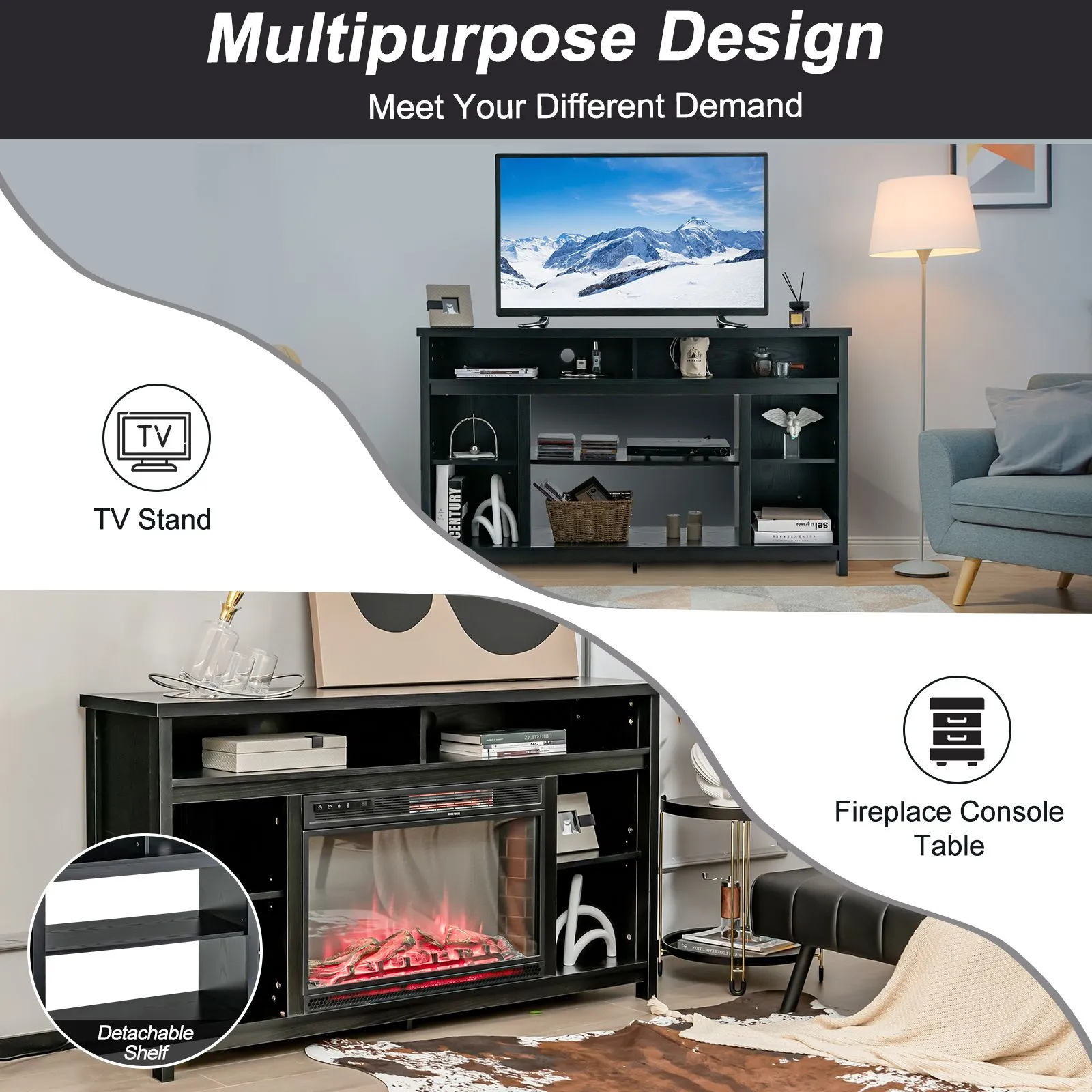 Costway Fireplace TV Stand Media Console Table w/ Adjustable Shelf for TVs up to 65" in Black 4