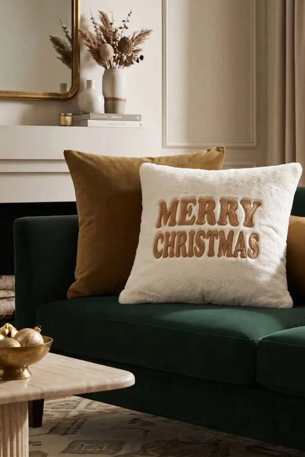 Homescapes Festive Faux Fur Cushion Embroidered Holiday Greeting in Cream 5