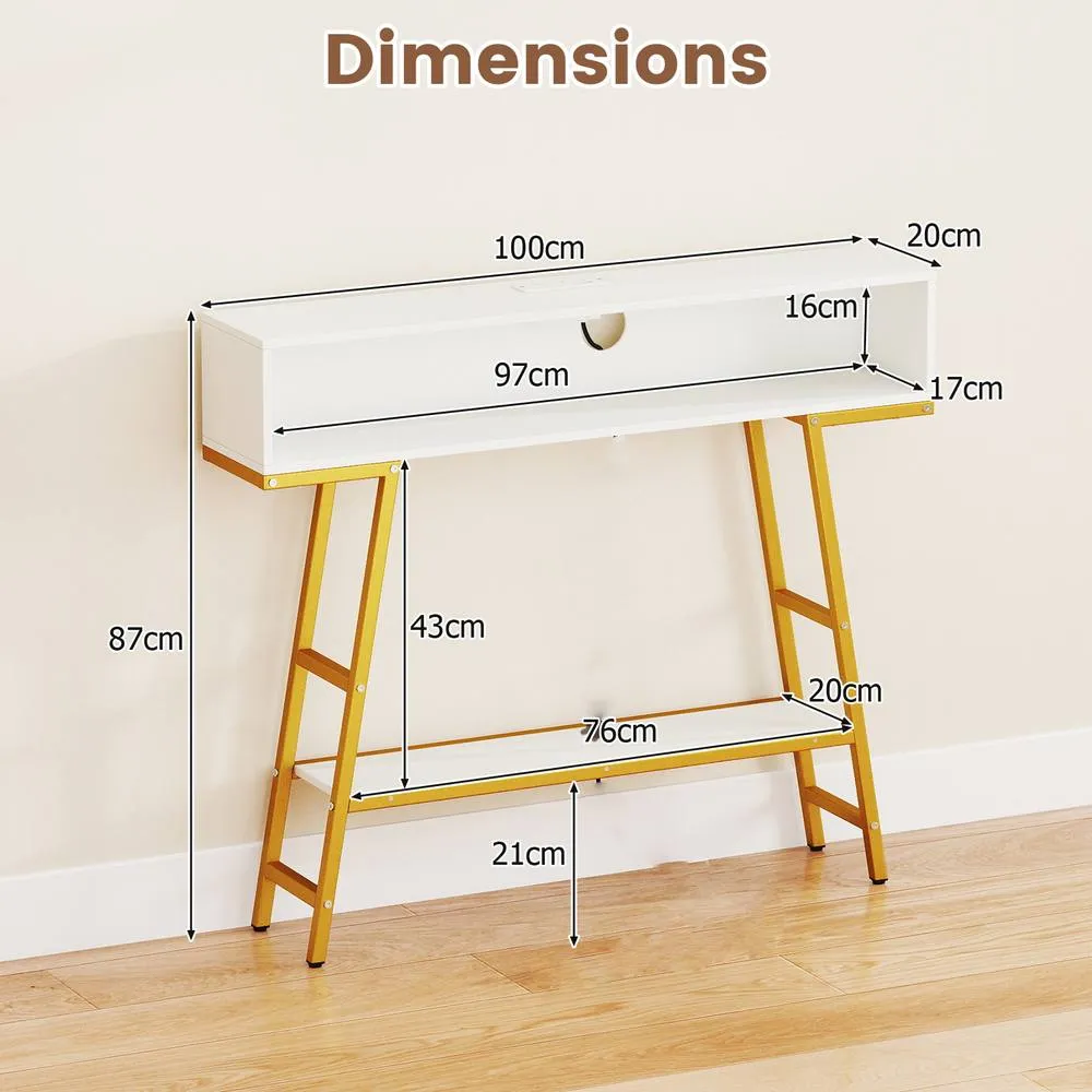 Costway Console Table w/ LED Light & Charging Station 3-Tier Entryway Table in White 2