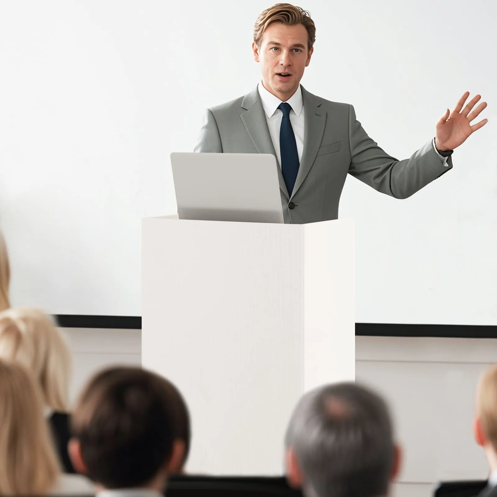 Costway Rolling Lectern Stand 105 cm Presentation Podium w/2 Shelves-White in White 4