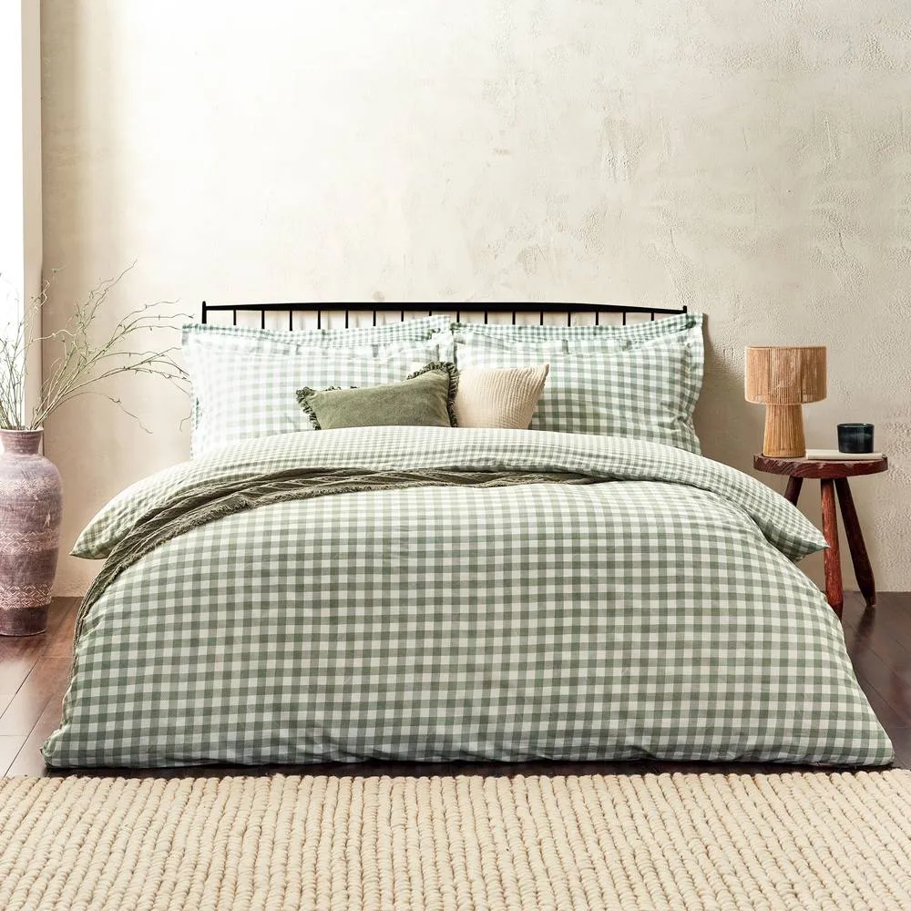 Yard Barton Gingham Check Duvet Cover Set, Double, Forest, Green