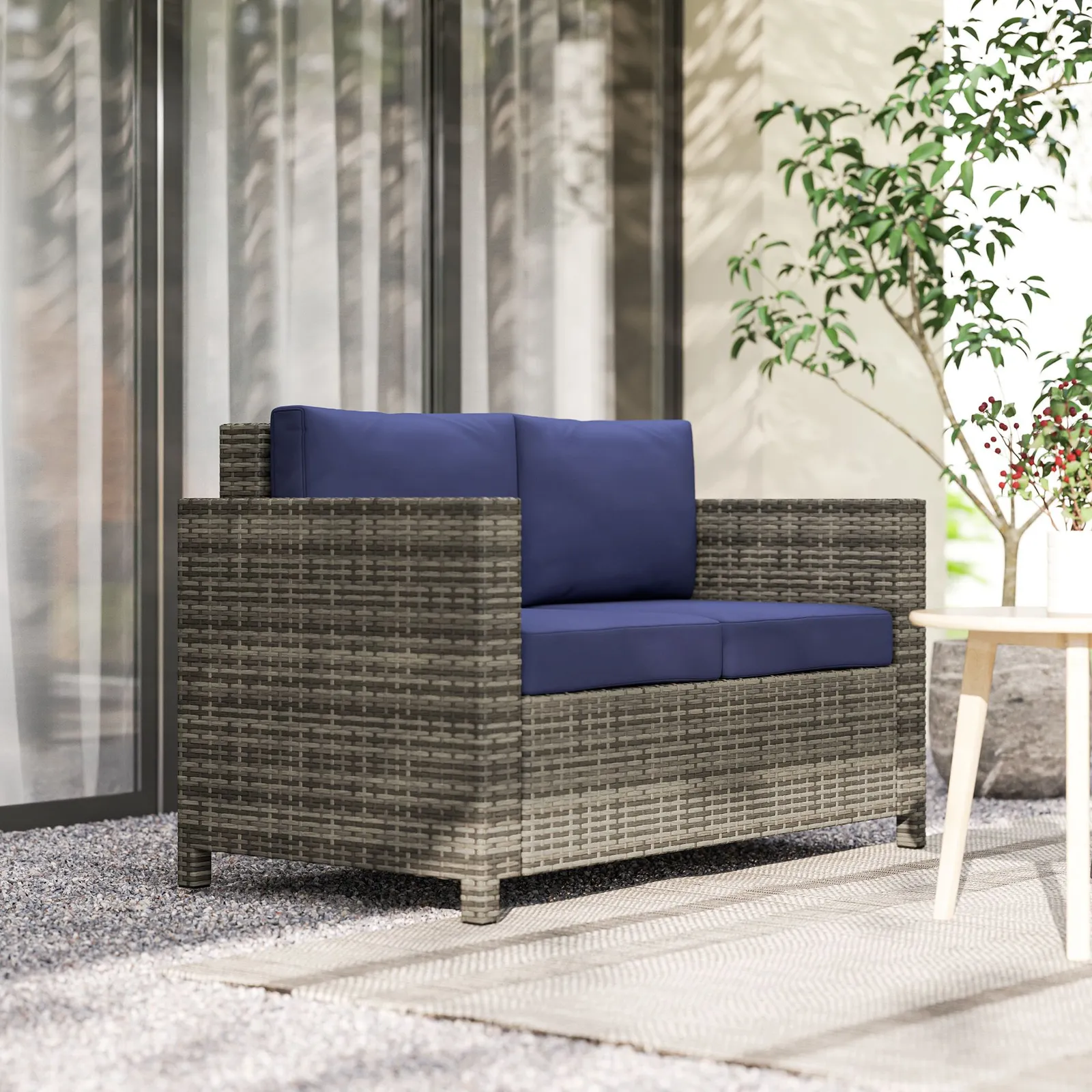 OUTSUNNY Rattan Wicker 2-seat Sofa Loveseat Padded Garden Furniture in Dark Blue